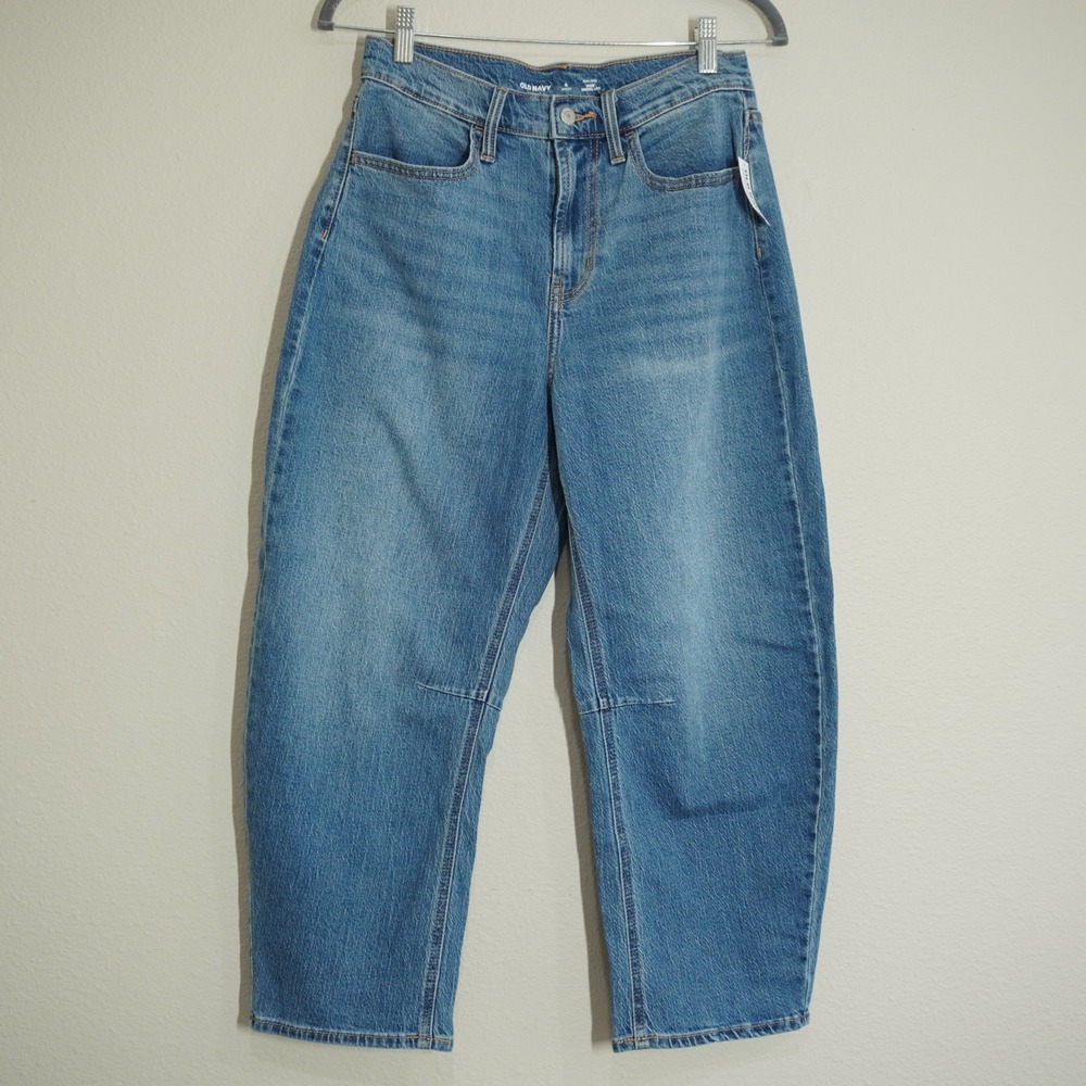Old Navy NEW Women's SIze 4 SHORT Wow High Waist Barrel Leg Blue Denim Jeans